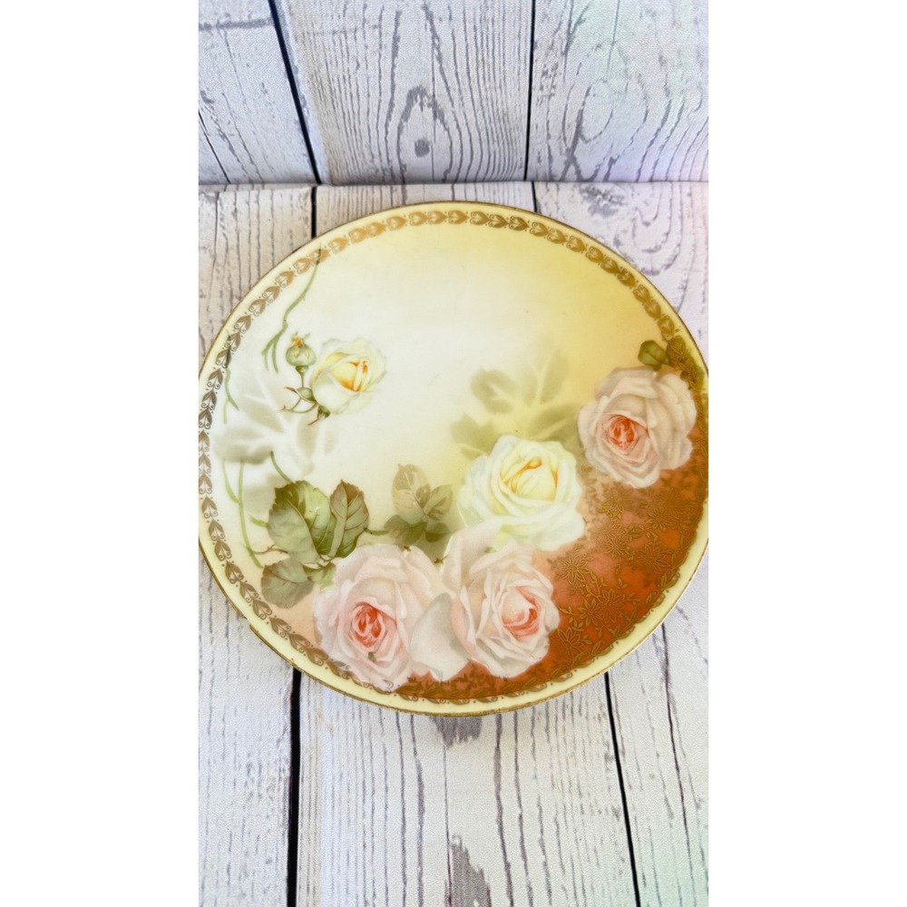 Vintage Hand Painted Porcelain Rose Cabinet Plate Gold Gilt Floral Decor
